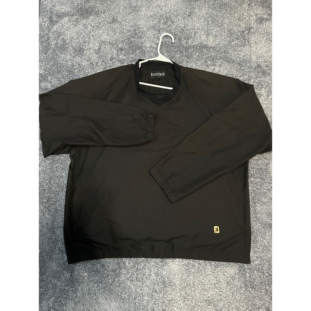 FootJoy Mens Golf Windshirt Black V-Neck Pullover Jacket Large FJ Logo